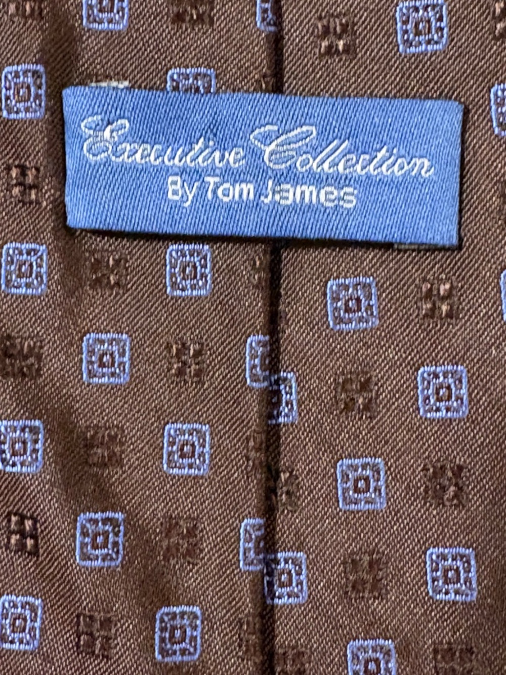 Tom James Executive Collection Brown and Blue Silk Geometric Foulard Necktie